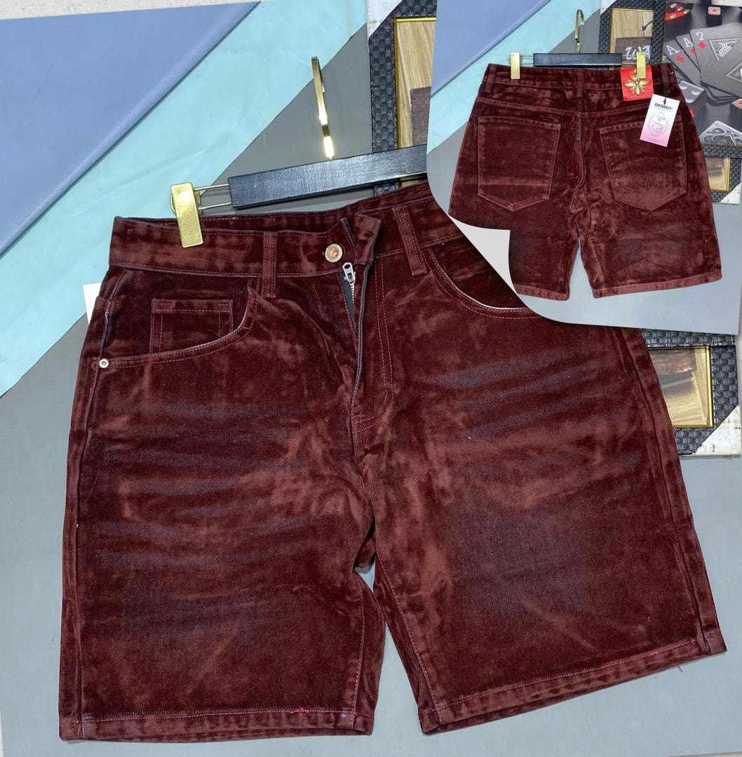 Burgundy velvet jorts presented from front and rear perspectives.