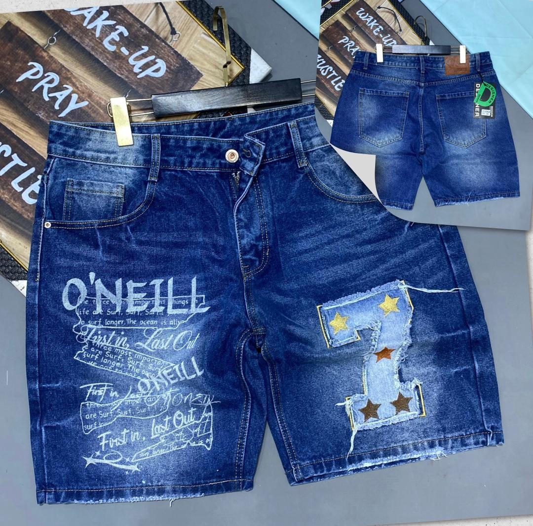 Blue denim jorts with O'Neill surf graphic print and star number 7 patch, front and back views.