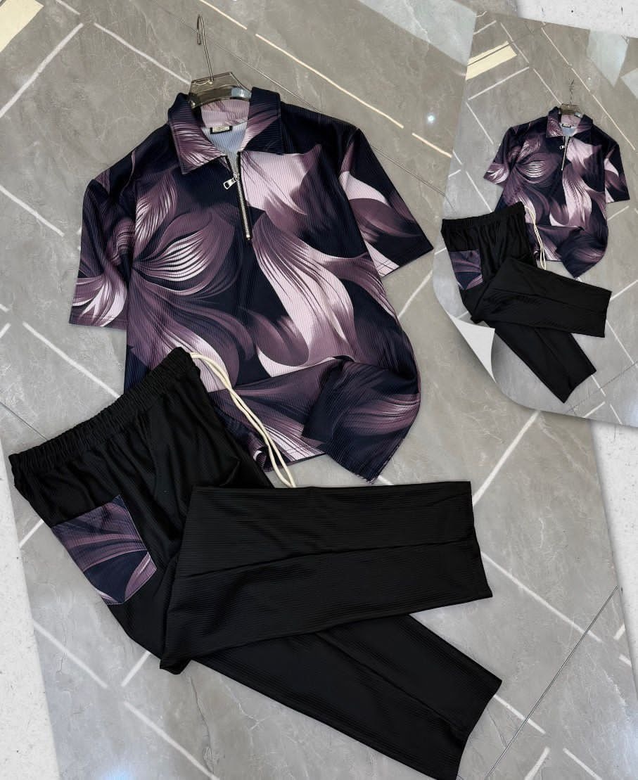 Purple and black abstract print ribbed unisex two-piece set with shirt and black trousers.