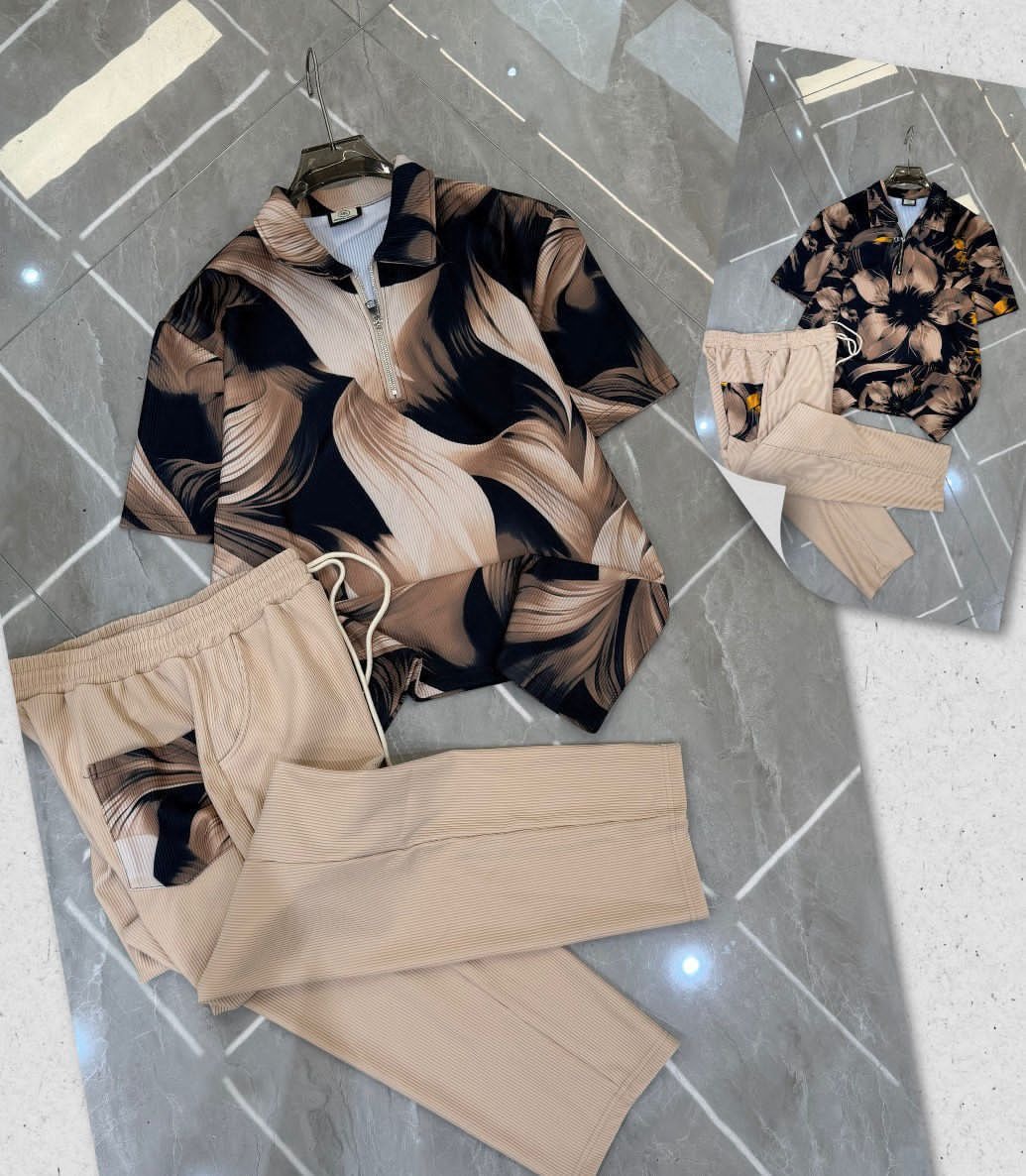 Beige and black abstract print ribbed unisex two-piece set with shirt and trousers.