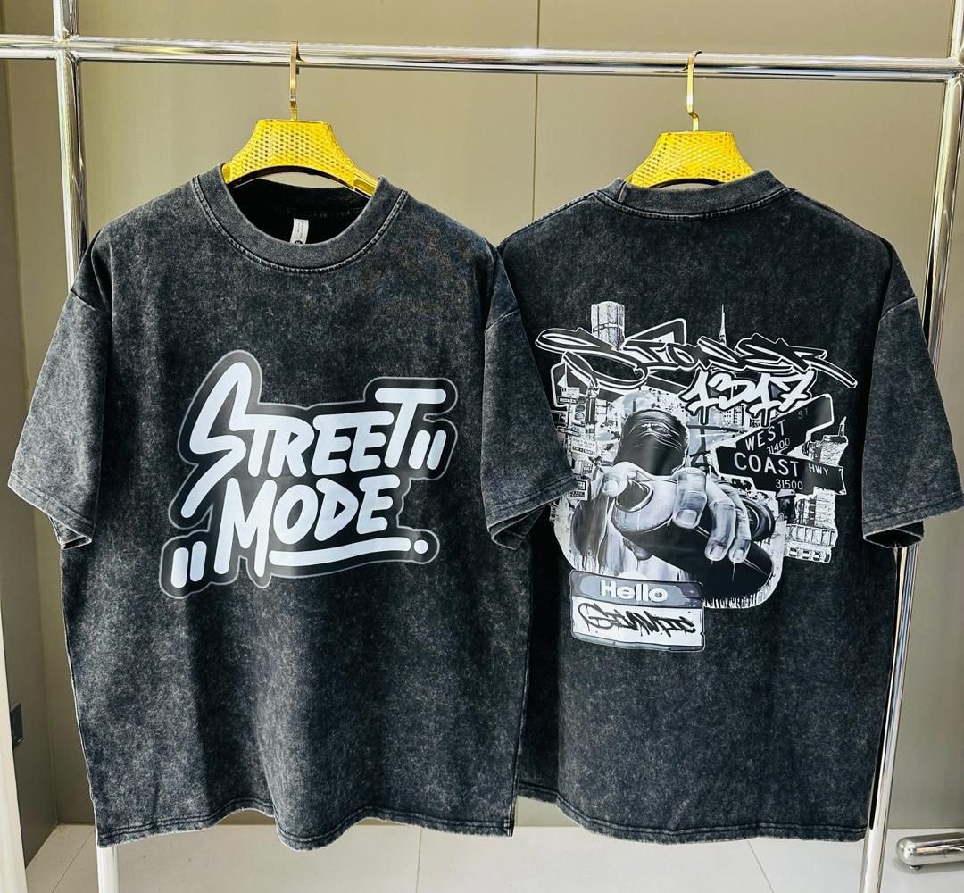 Stone wash t-shirt with STREET MODE graffiti on front and cityscape graffiti art on back.