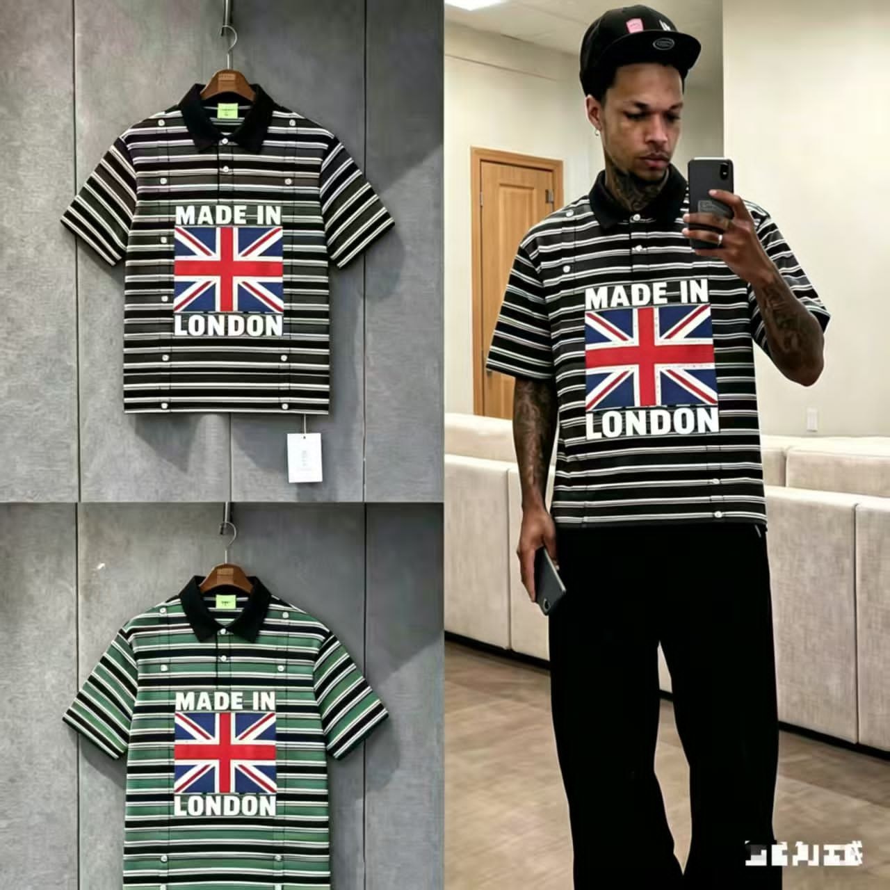 Striped polo shirts in black and green colorways displayed flat and on model.