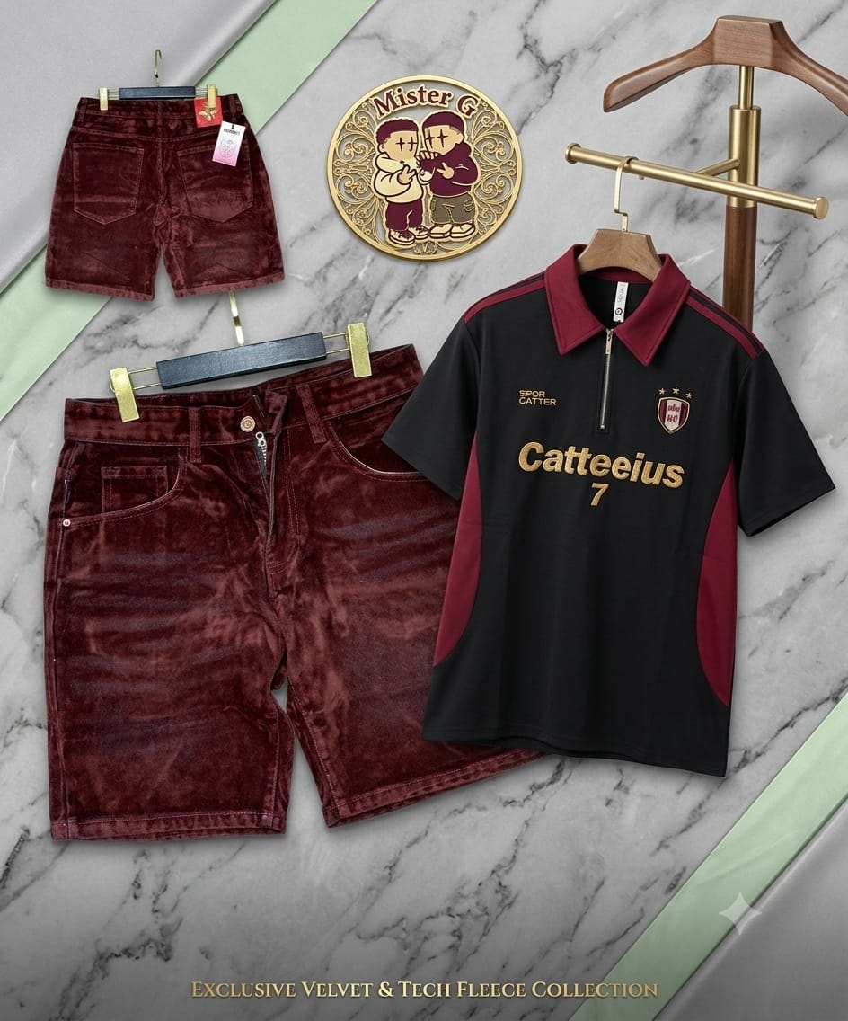 Black and maroon polo shirt with Catteeius 7 embroidery paired with maroon velvet shorts and back view on marble surface.
