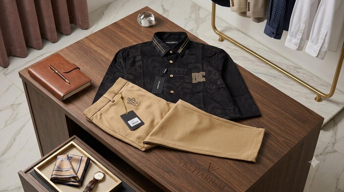 Black patterned long-sleeve shirt with gold details and tan trousers styled on marble table with leather notebook.
