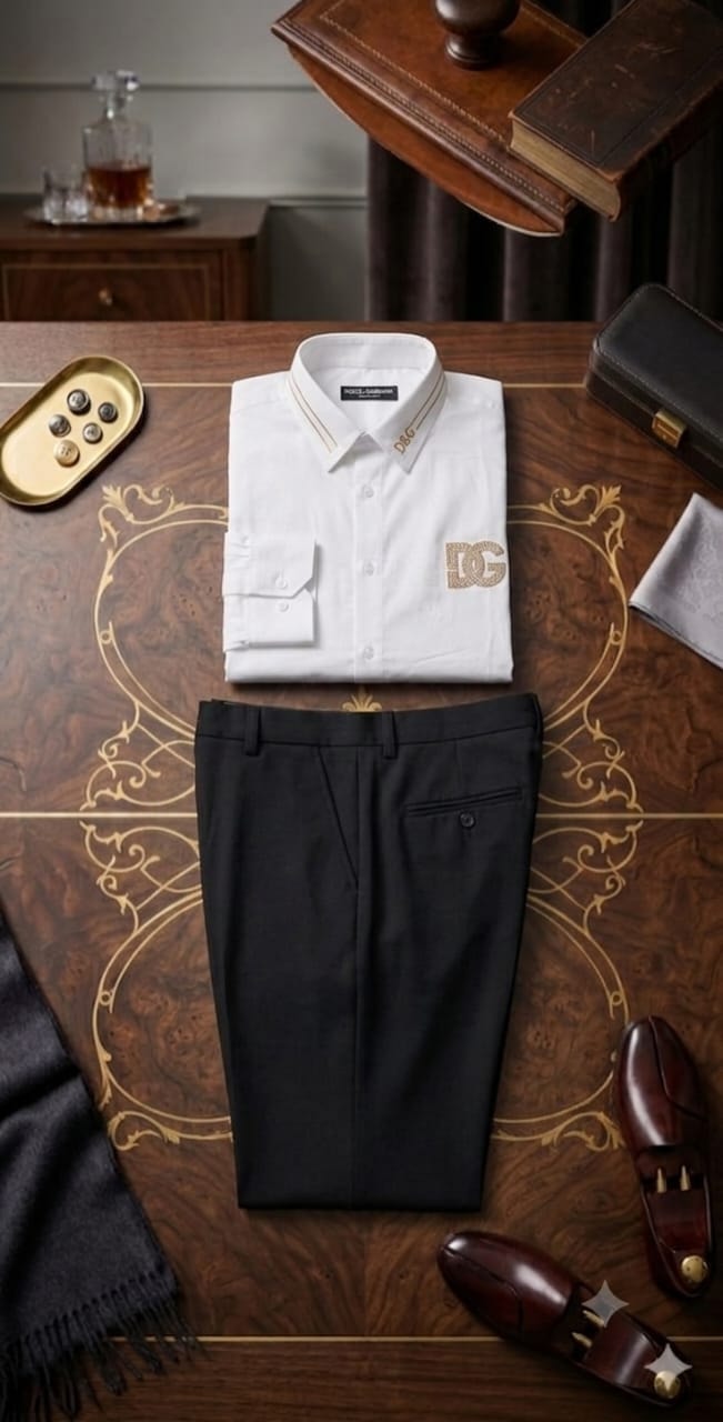 White formal D&G shirt paired with black trousers displayed with gold tray and leather goods.
