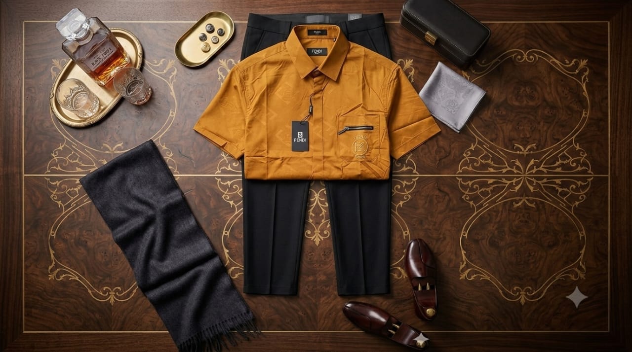 Mustard short-sleeve Fendi shirt with black trousers arranged on patterned wooden surface with decanter and loafers.