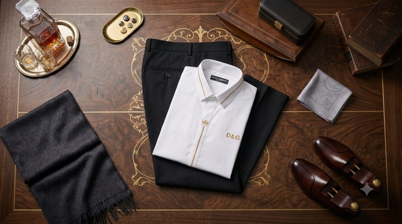 White long-sleeve shirt with D&G branding and black trousers on ornate wooden table with decanter and scarf.