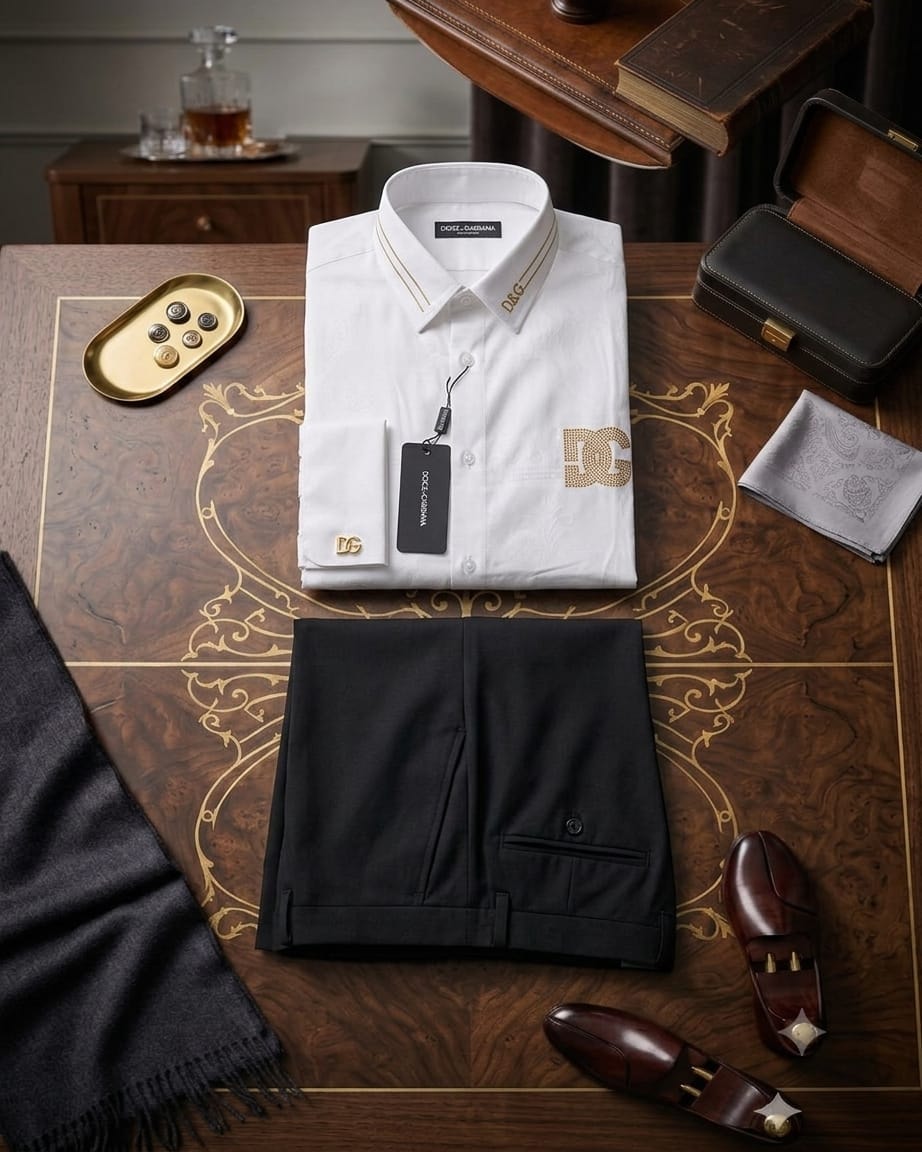 White D&G shirt with gold details folded above black trousers surrounded by luxury accessories and shoes.