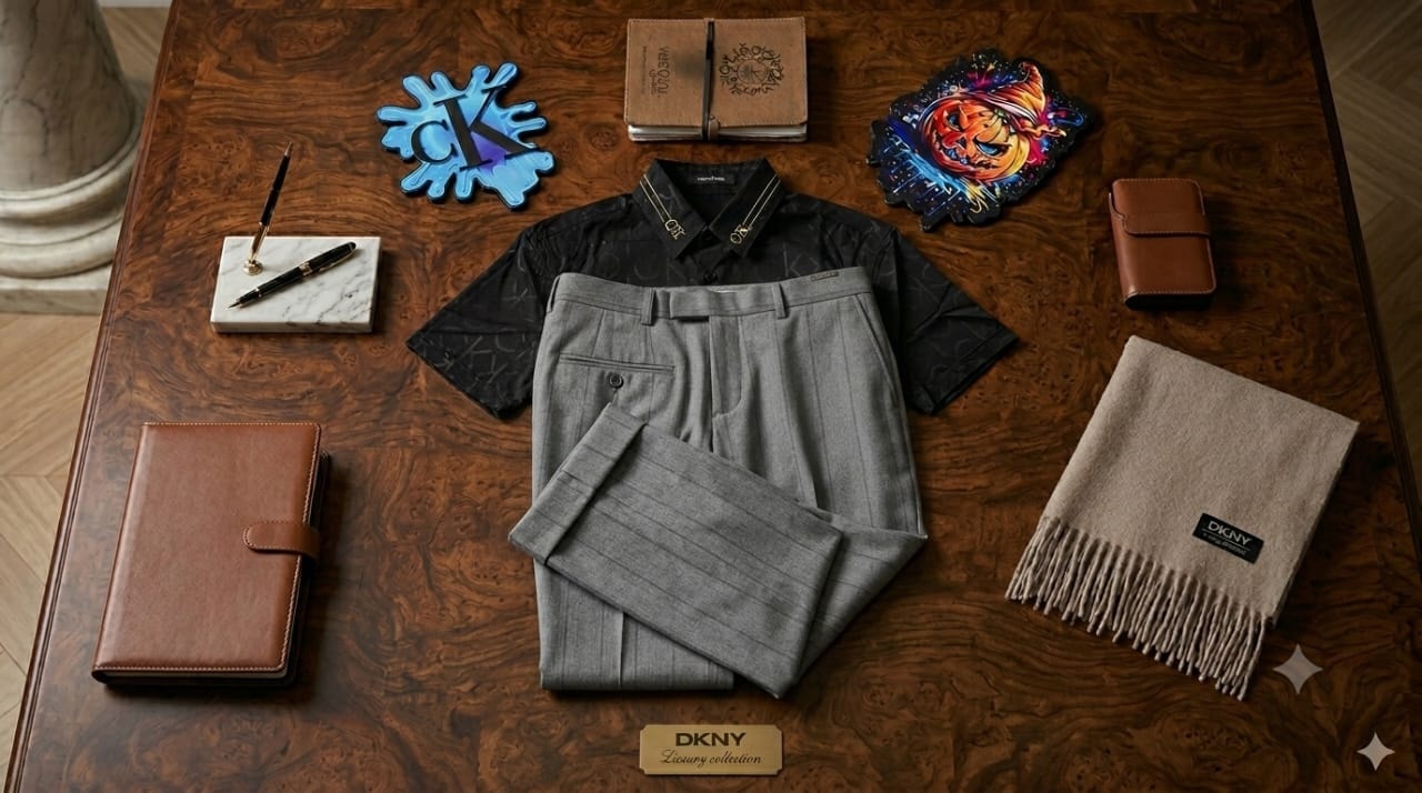 Black short-sleeve patterned shirt with gray trousers displayed among luxury props and DKNY scarf.