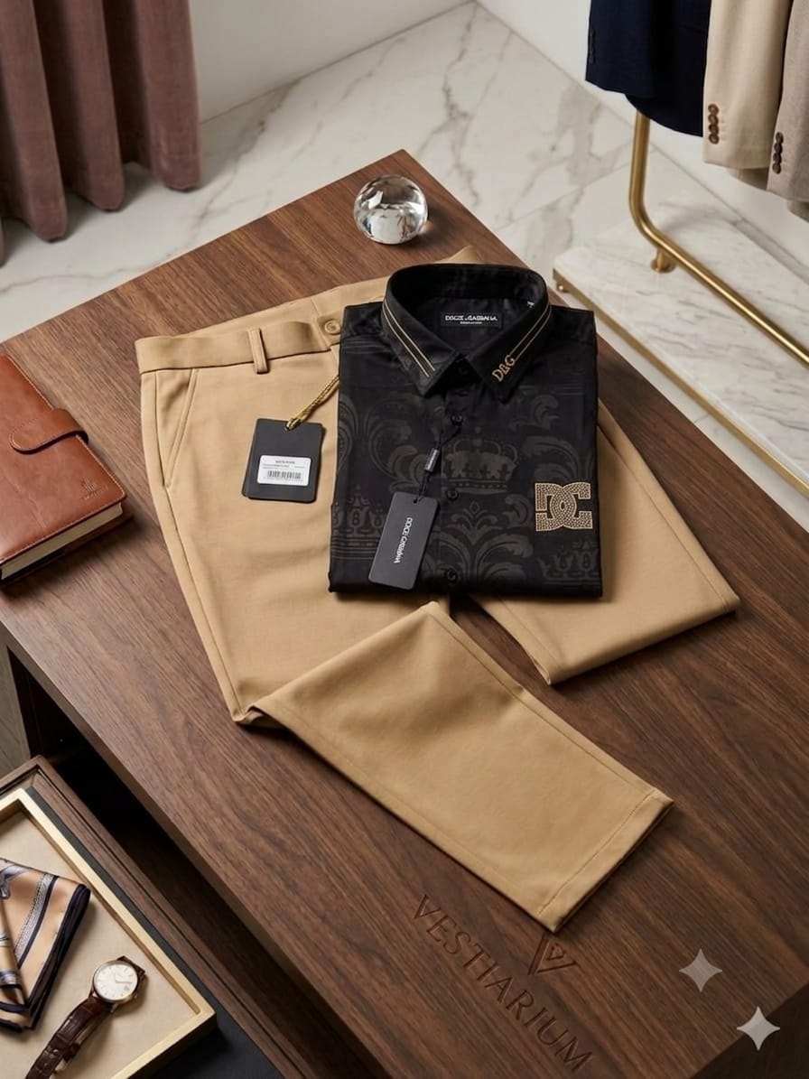 Black patterned D&G shirt folded over tan trousers with tags and accessories on wooden surface.