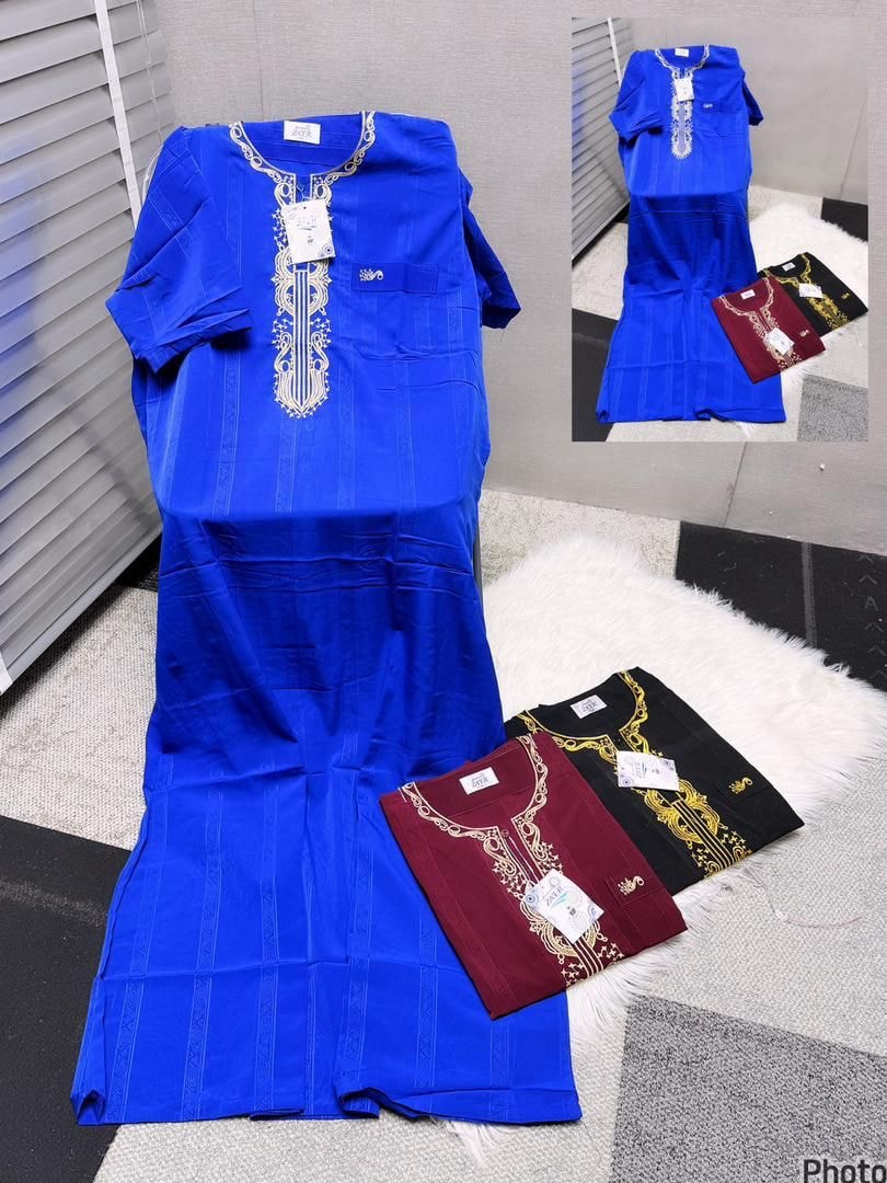 Bright blue men's jalabia with white embroidery shown alongside maroon and black variants.