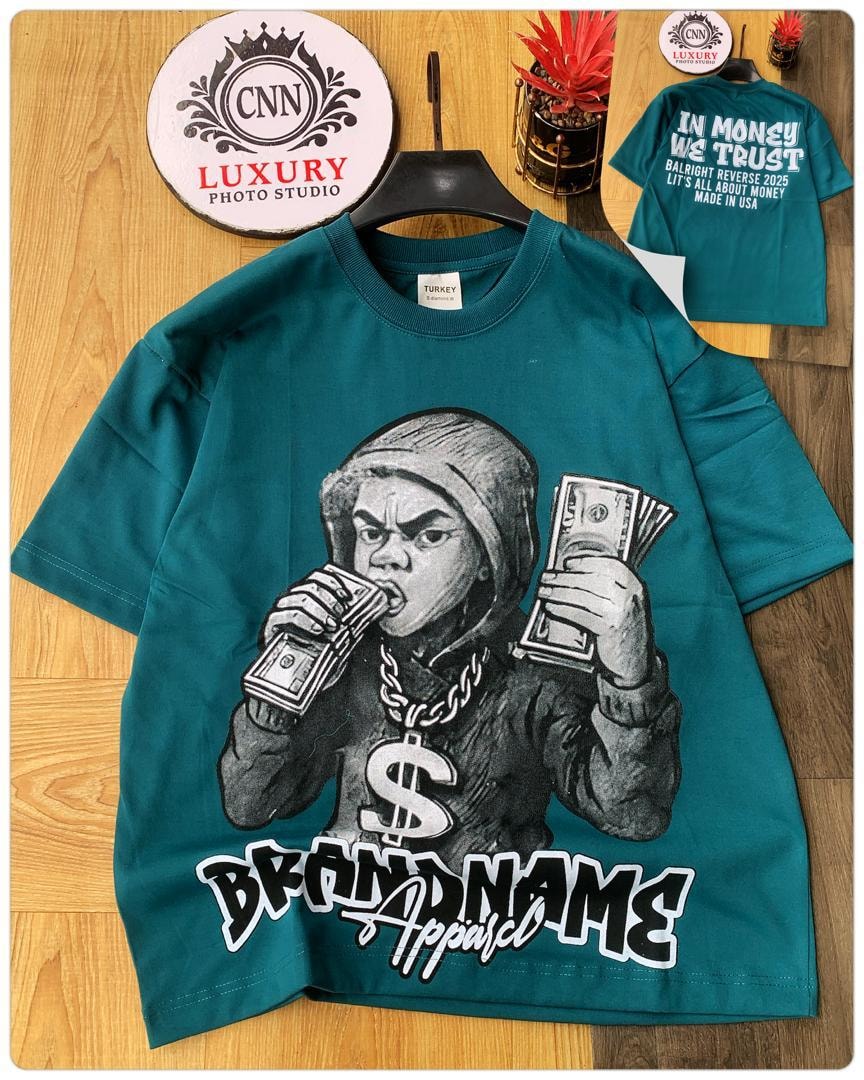 Teal t-shirt with large money graphic and Brandname Apparel text.