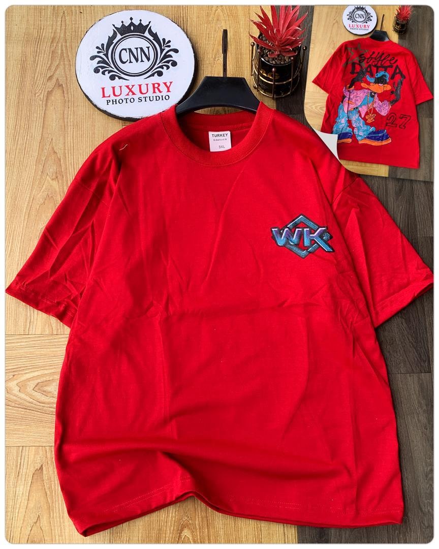 Red round neck t-shirt showing WK logo on chest, inset displaying back graphic with 27.