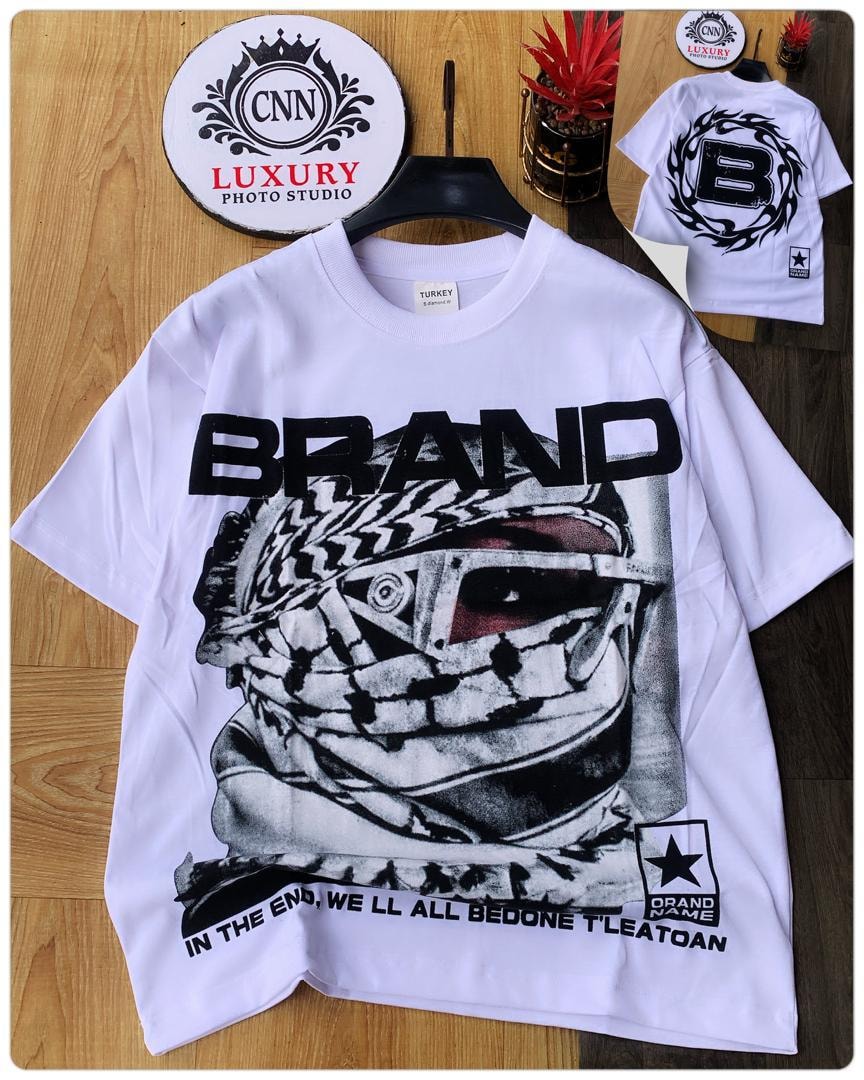 White round neck t-shirt with brand racer helmet graphic on front, inset of back with B logo in flames.