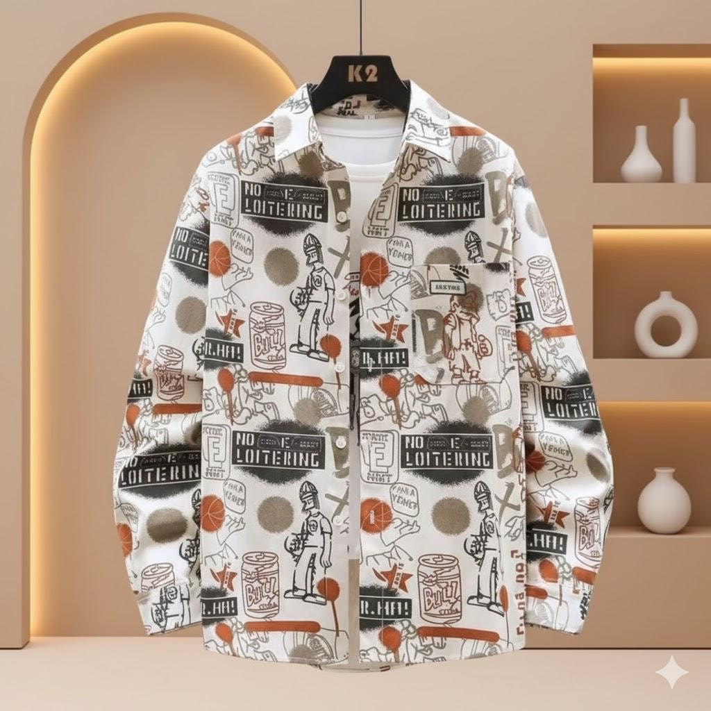 White button-up shirt with all-over prints of basketballs, cans and NO LOITERING text.