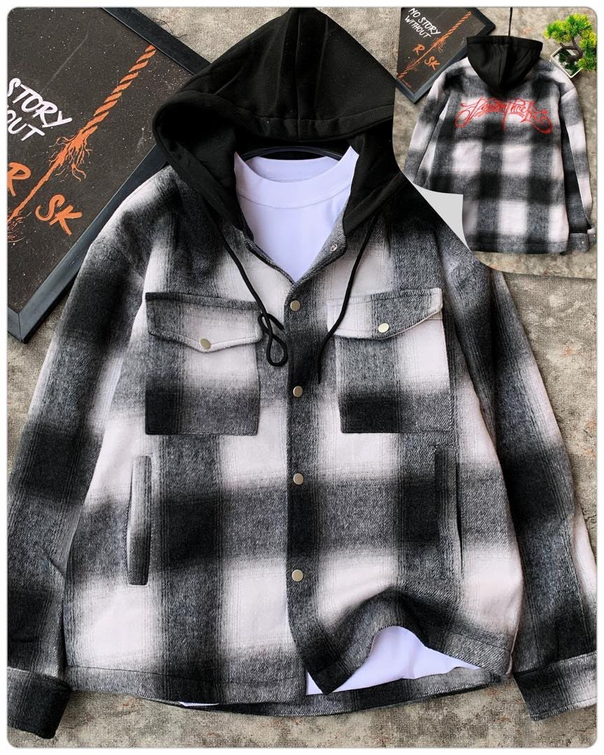 Black and white plaid hooded shirt with black hood, button-up front and chest pockets.