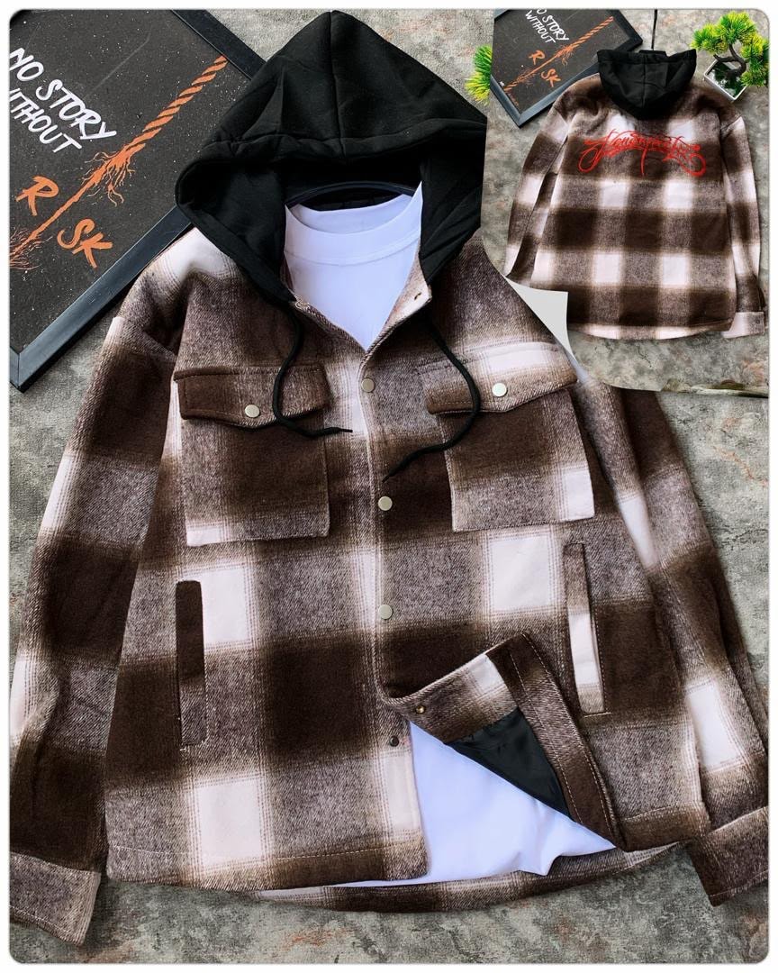 Brown plaid hooded shirt with black hood, white contrast checks, buttons and pockets, flat lay view.