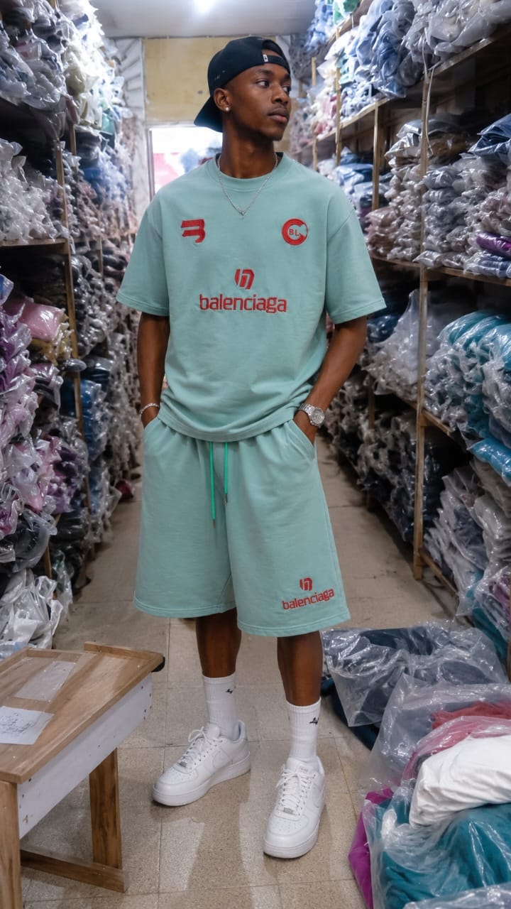 Man wearing mint green Balenciaga graphic t-shirt and matching shorts in a clothing warehouse.