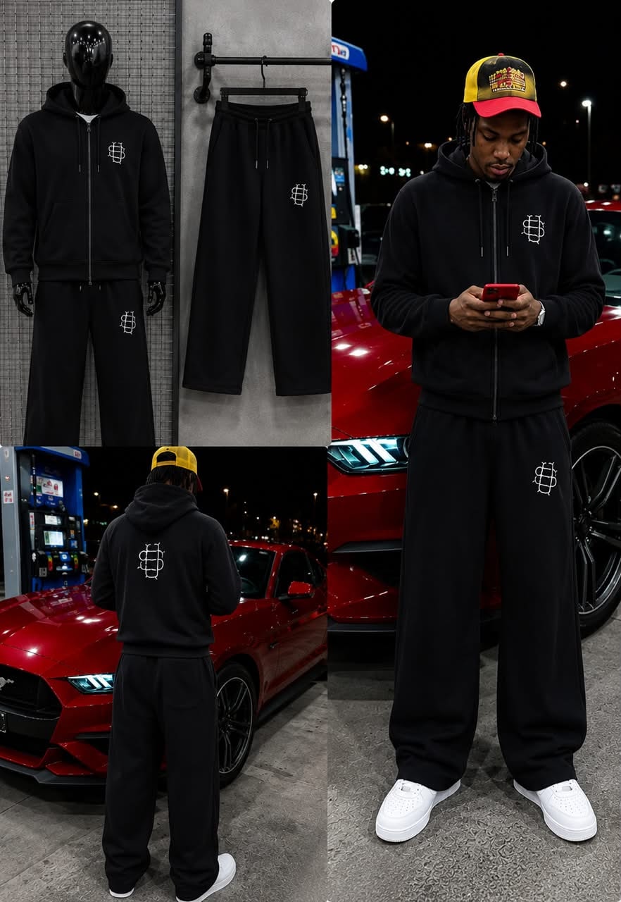 Black zip-up hoodie and matching pants set with embroidered details, multiple studio and outdoor model views.