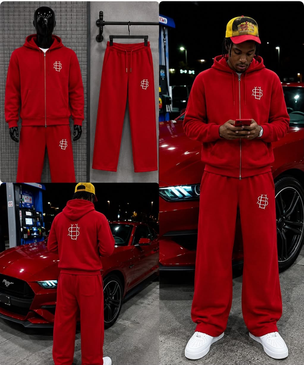 Red zip-up hoodie and sweatpants set featuring white embroidered logo, displayed across mannequin, flat, and lifestyle model shots.