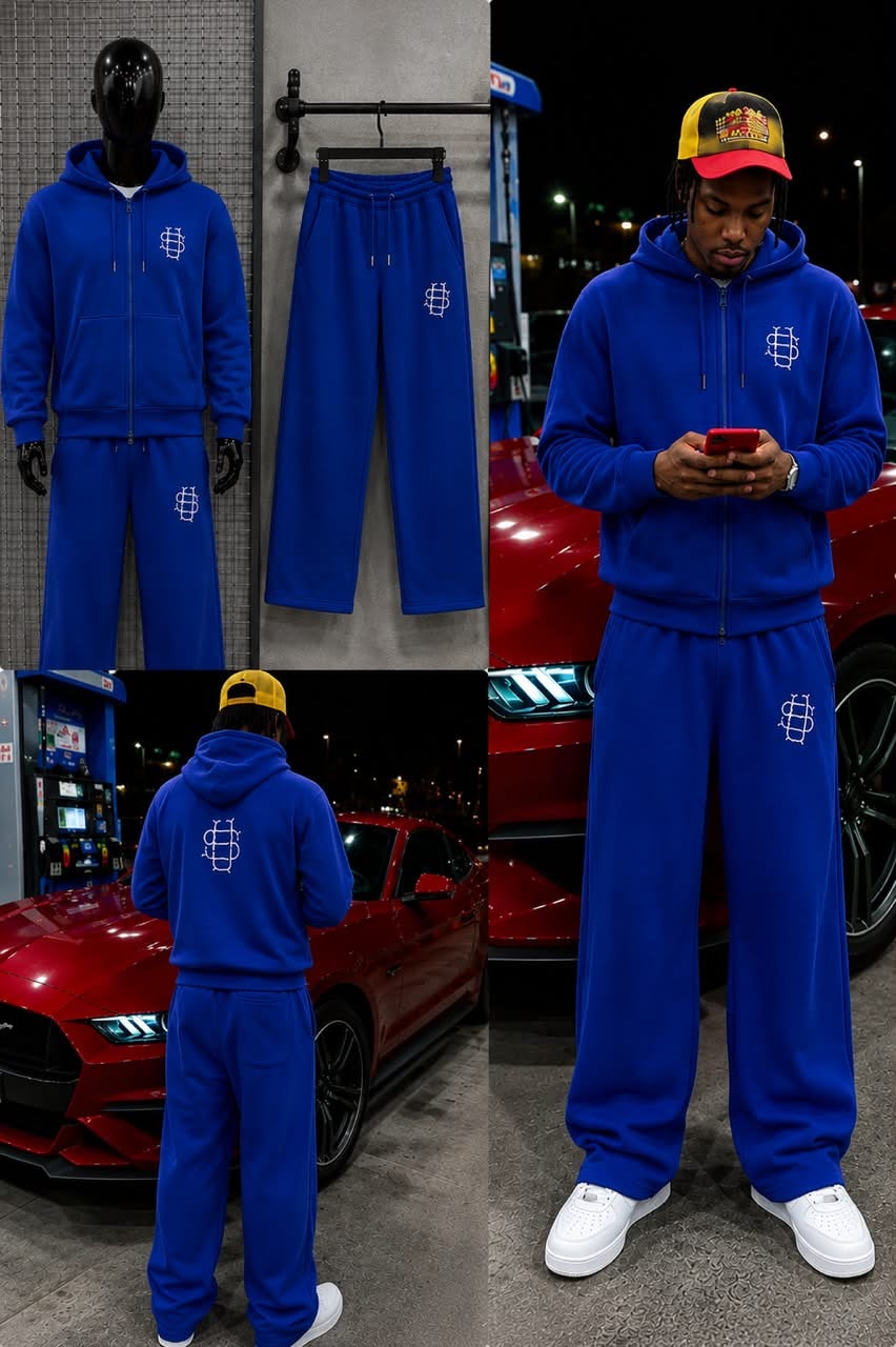 Blue zip-up hoodie and sweatpants set with white embroidery, shown on mannequin, flat lay, and model in multiple views.