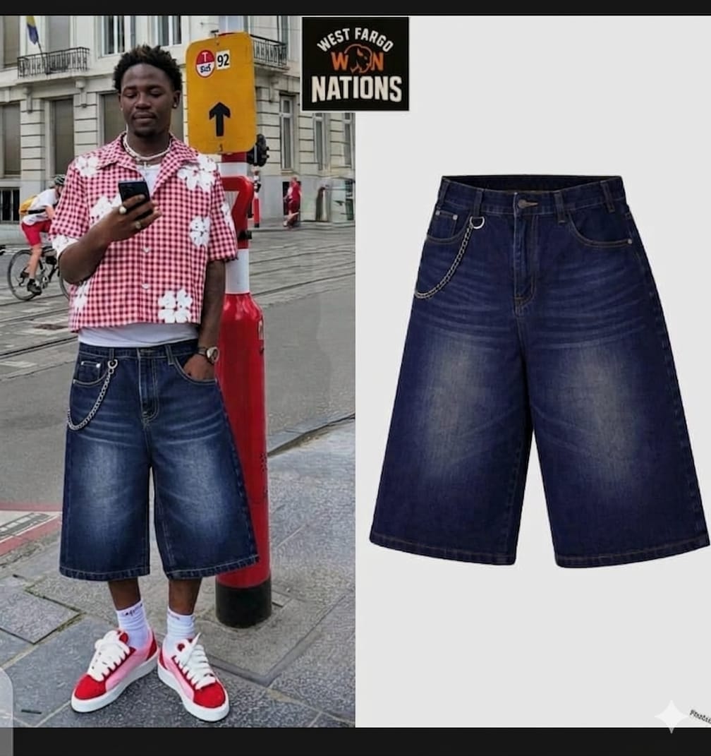 Man in white and red outfit wearing blue 3/4 denim shorts with chain, next to product flat lay.