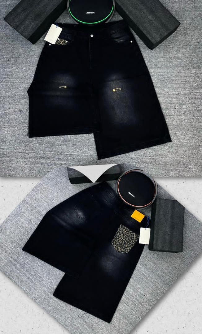 Black 3/4 denim shorts shown in two styles with gold safety pins and leopard print pocket.