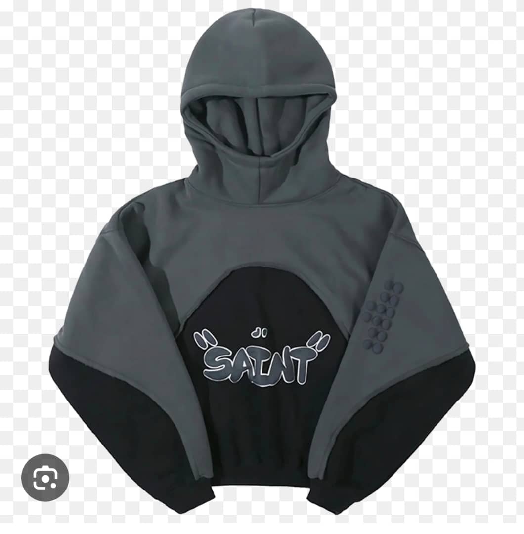 Dark gray SAINT cropped hoodie with graphic on chest and dot pattern on sleeve, front view.