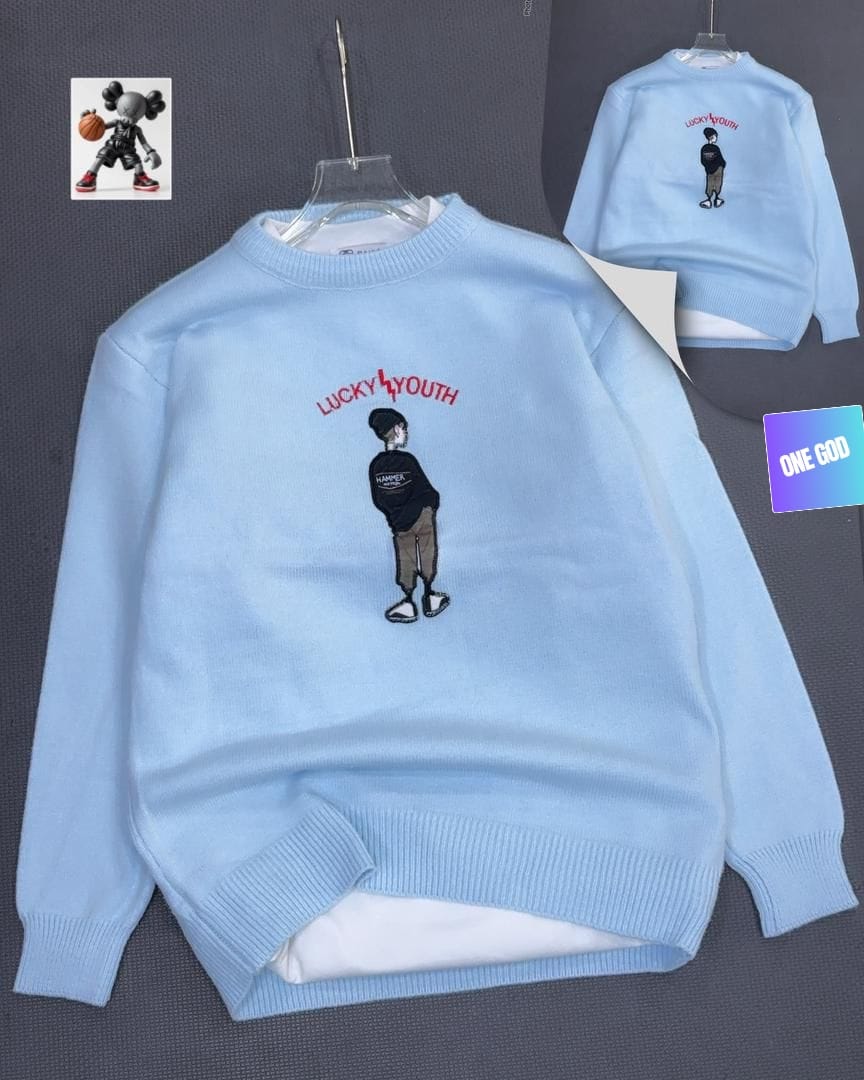 Light blue embroidered Lucky Youth sweatshirt with character graphic.