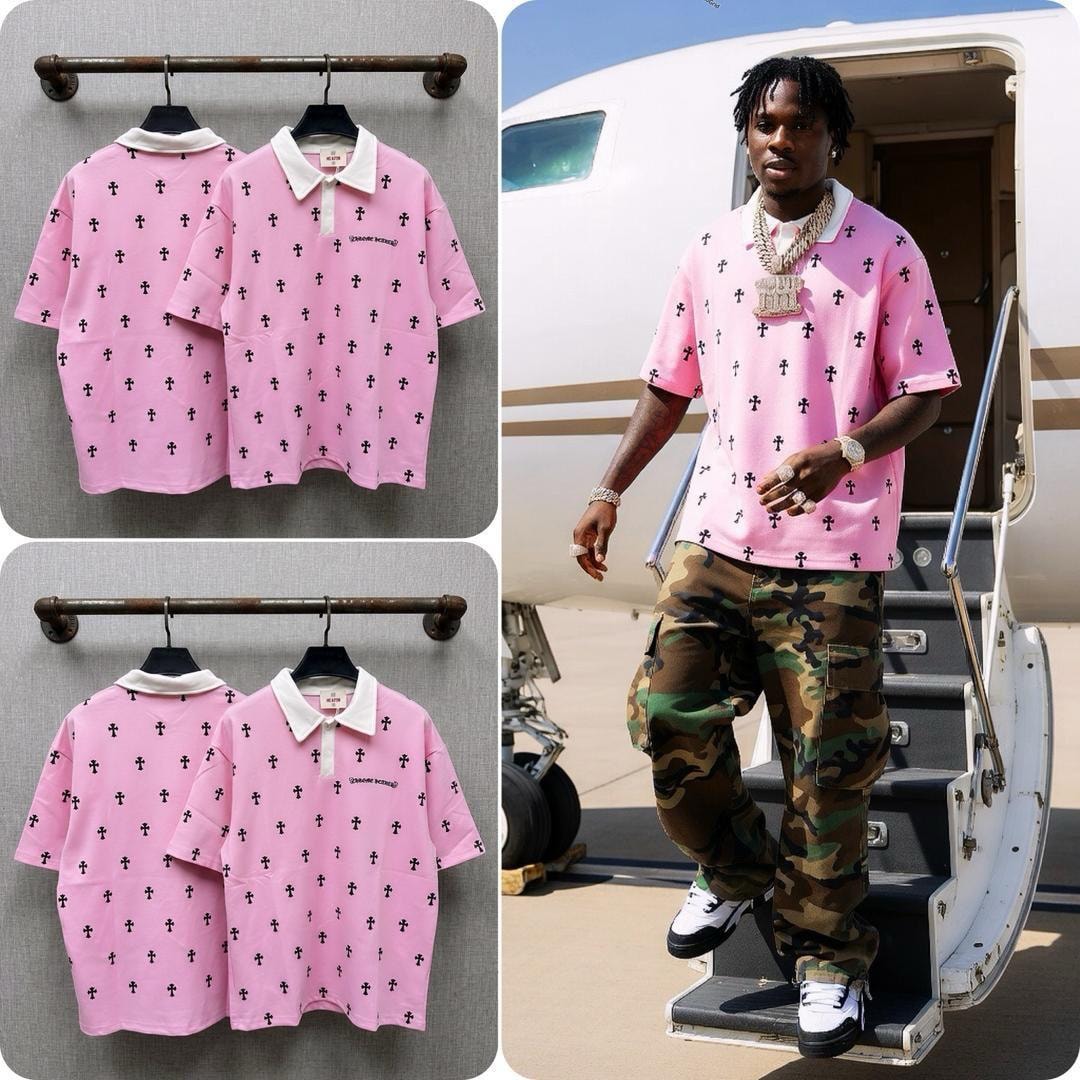 Pink cross print polo shirt shown on hanger and on model with accessories.