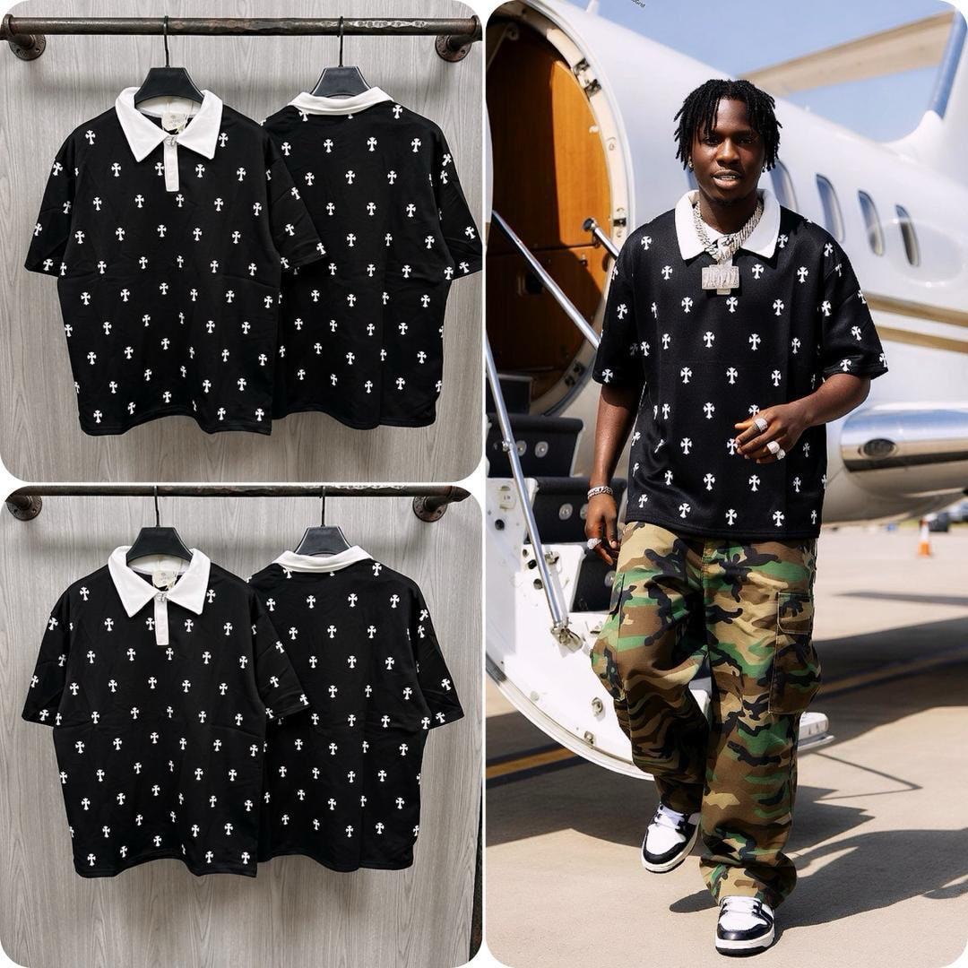 Black cross print polo shirt displayed in multiple views and worn by model.