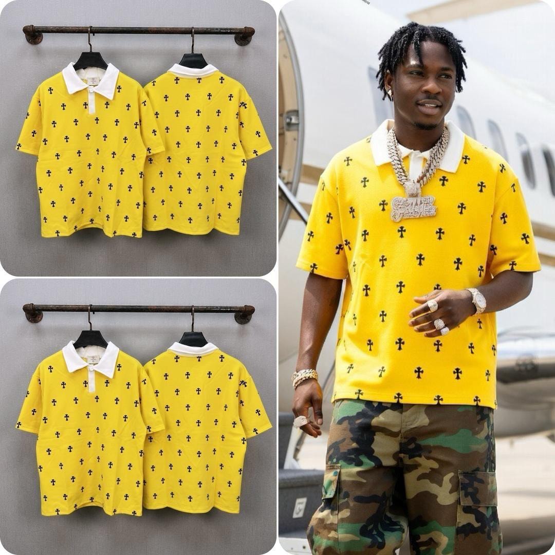 Yellow cross print polo shirt shown in flat lays, back view and on model with camouflage pants.