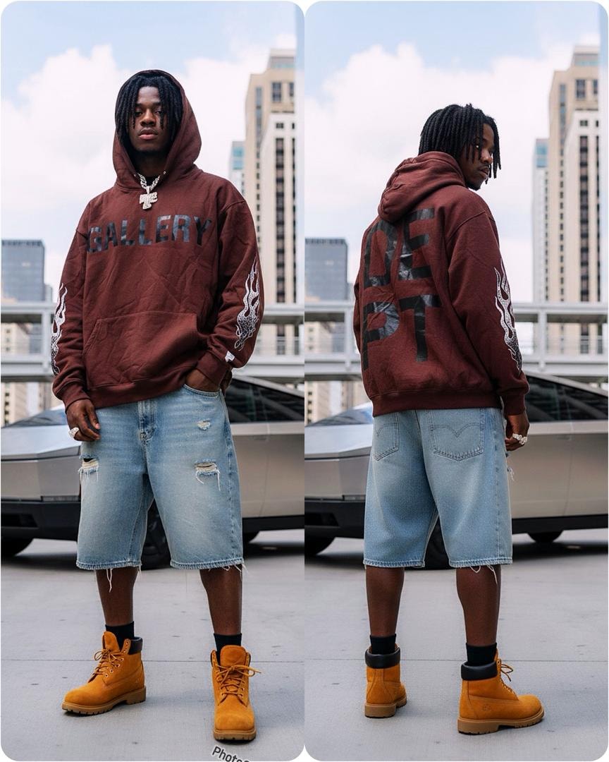Man in brown Gallery graphic hoodie shown in front and back views with denim shorts and boots.