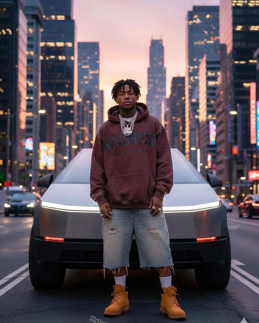 Man in burgundy Hoodrich graphic hoodie with ripped denim shorts and yellow boots in front of car at dusk.