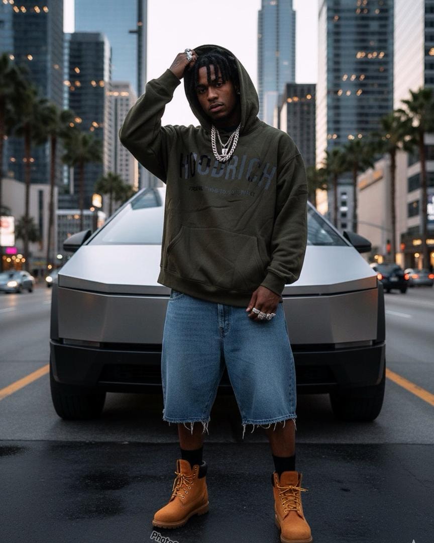 Man in olive green Hoodrich graphic hoodie with denim shorts and boots in city street setting.