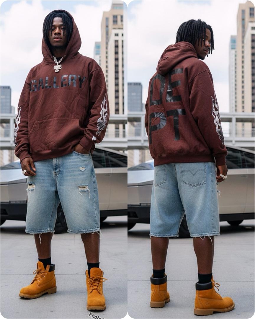 Man in brown Gallery graphic hoodie shown in front and back views with denim shorts and boots.