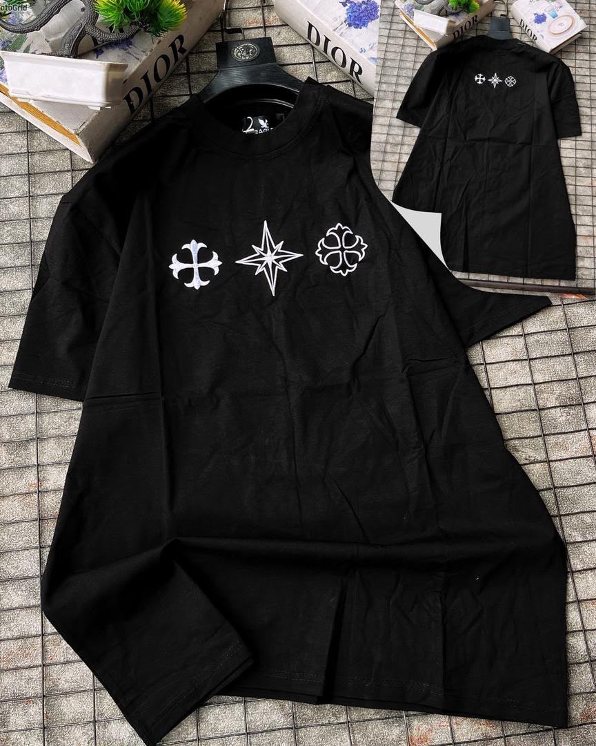 Black long sleeve t-shirt with three white symbols embroidered on chest.