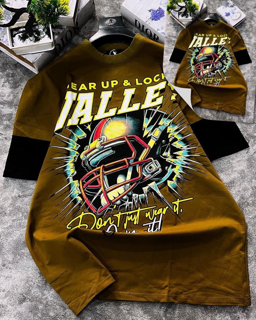 Brown long sleeve t-shirt with Valley football helmet graphic and black contrast sleeves.