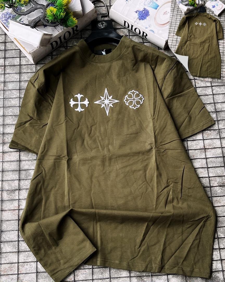 Olive long sleeve t-shirt with three white symbols embroidered on chest.