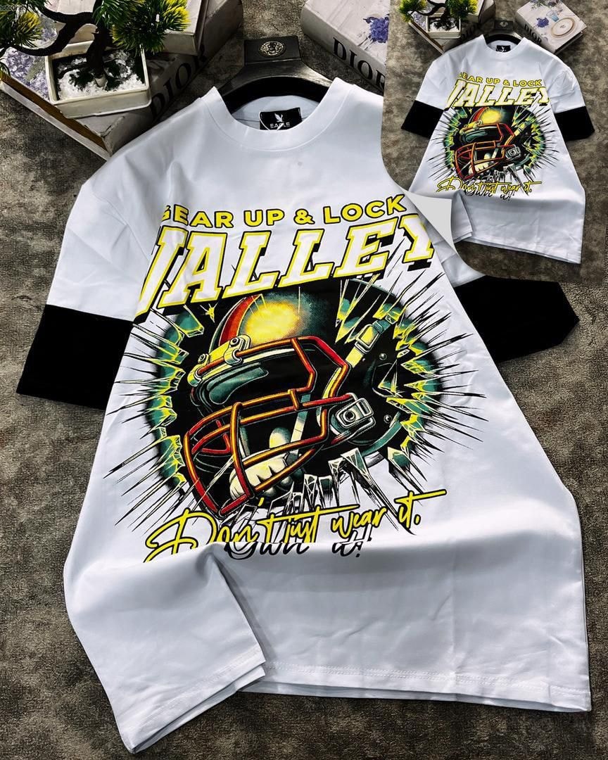 White long sleeve t-shirt with Valley football helmet graphic and black contrast sleeves.