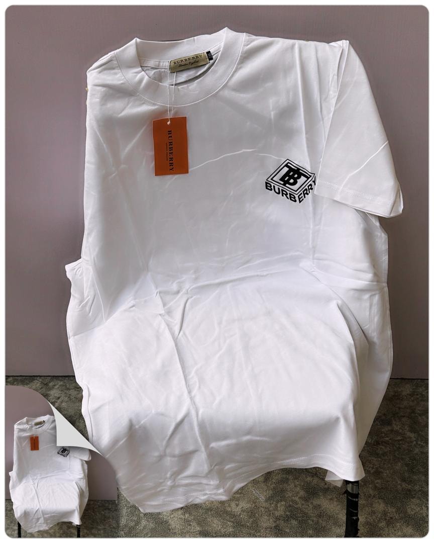 White Burberry t-shirt with BB logo and BURBERRY text on chest.