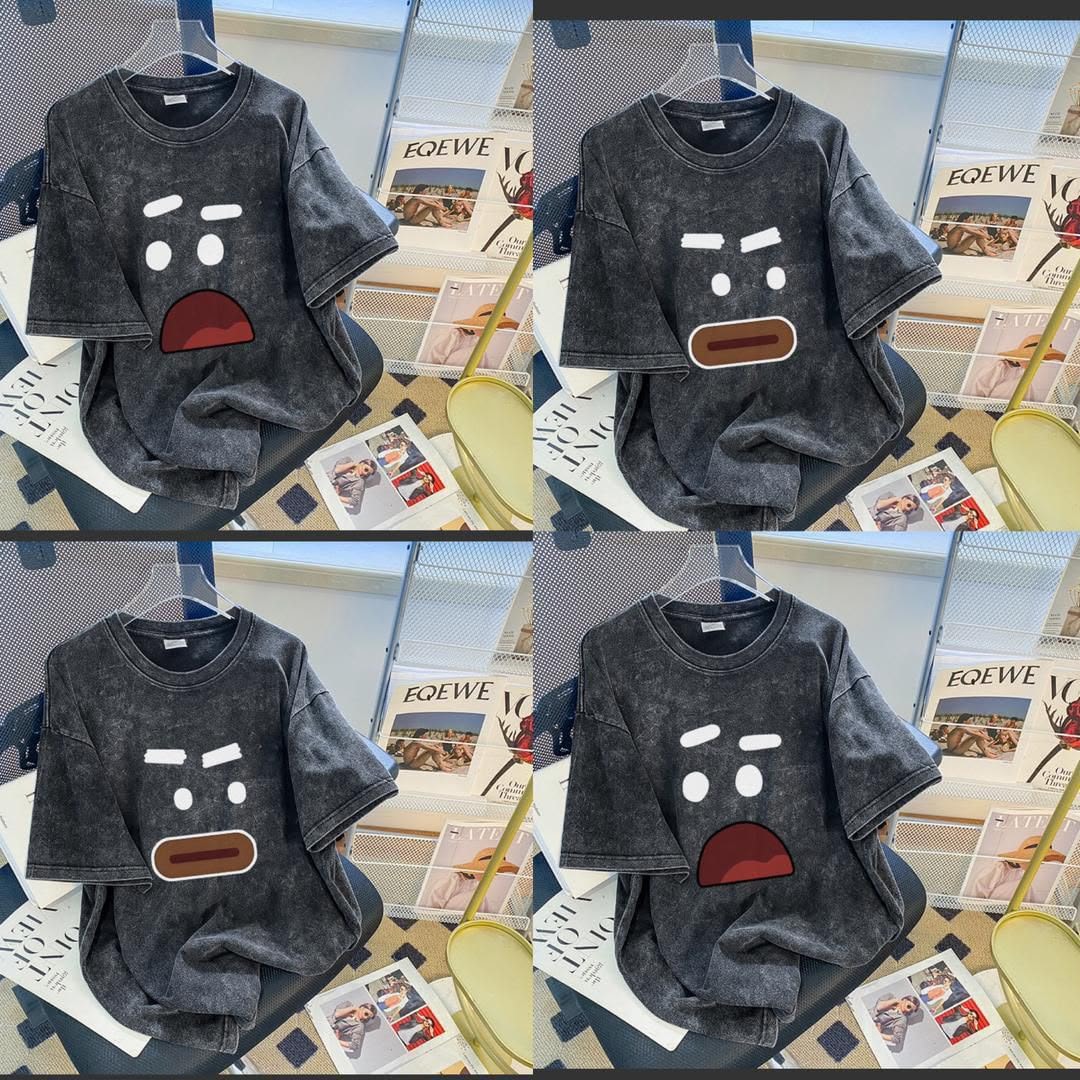 Collage of dark washed t-shirts featuring different cartoon emoji face expressions.