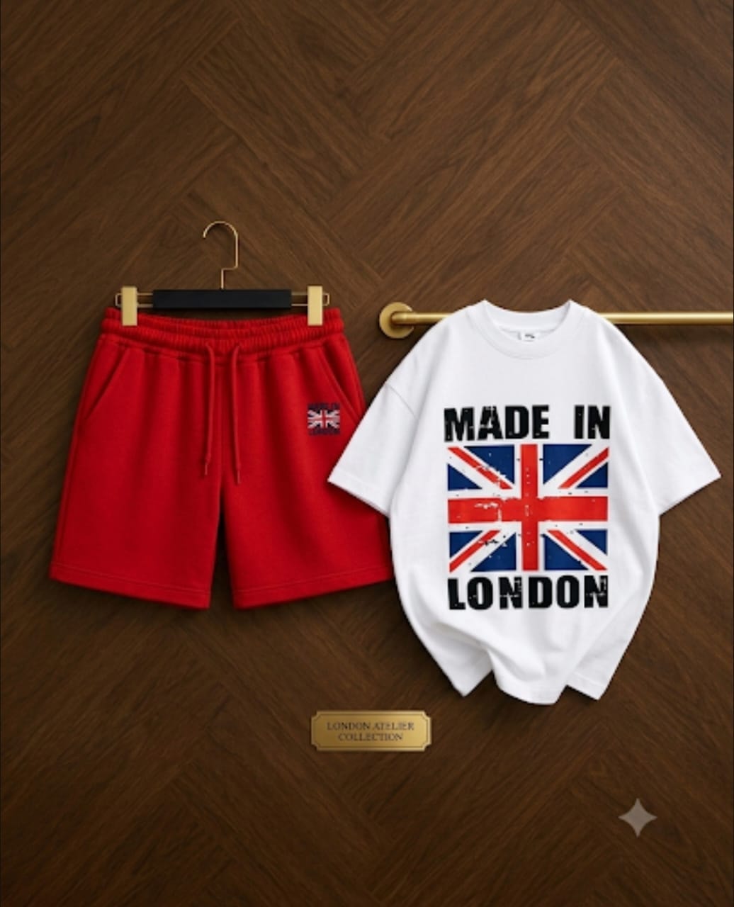 White t-shirt with Made in London Union Jack graphic paired with red shorts.