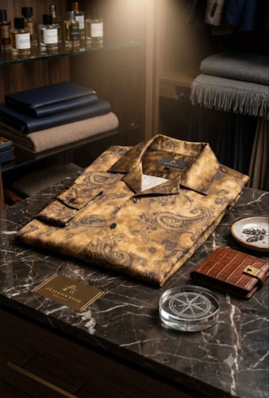 Gold and brown paisley patterned short sleeve shirt folded on marble surface with luxury accessories and branding plaque.
