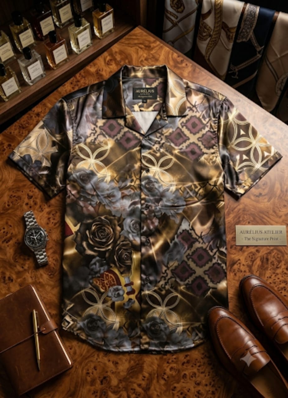 Dark short sleeve shirt with gold purple floral and geometric prints on wooden table surrounded by perfume bottles and accessories.