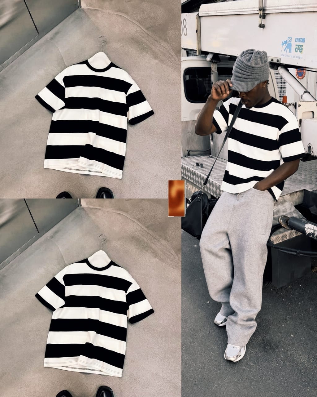Black and white striped unisex t-shirt shown in flat lay on floor and worn by model with grey sweatpants and beanie.