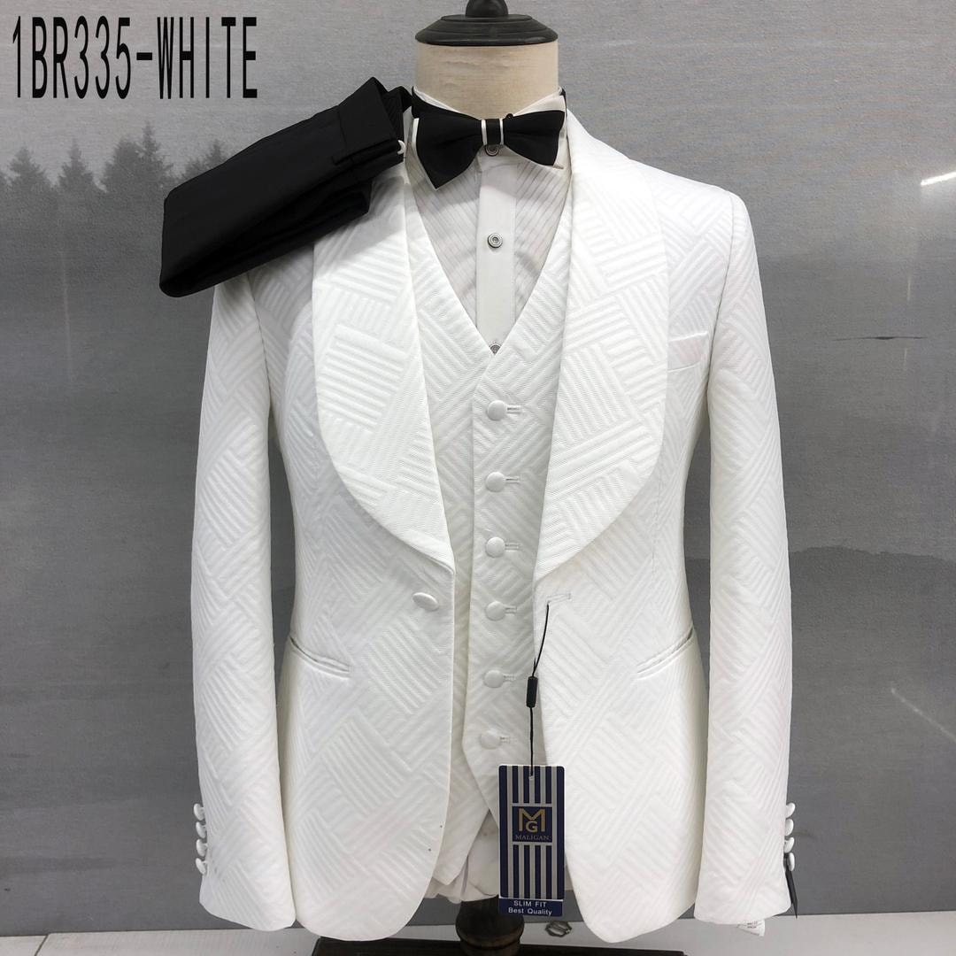 White patterned tuxedo suit with shawl lapels and vest on mannequin.