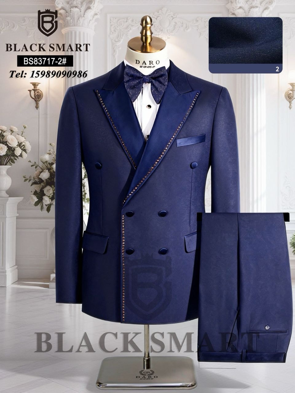 Navy blue double breasted suit on mannequin with trousers and fabric swatch.