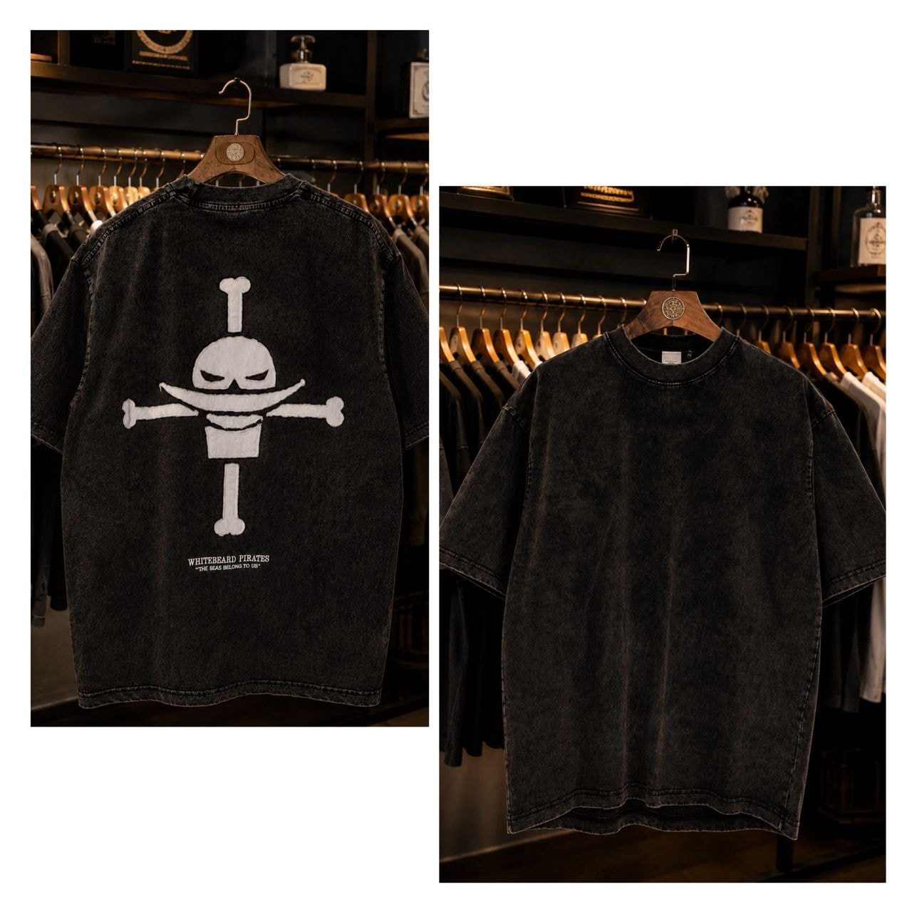 Split view showing front and back of black t-shirt with Whitebeard Pirates graphic.