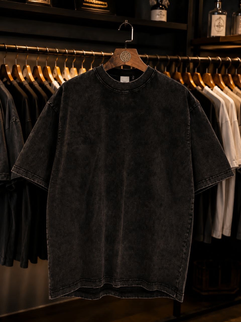 Front view of plain black washed oversized t-shirt.